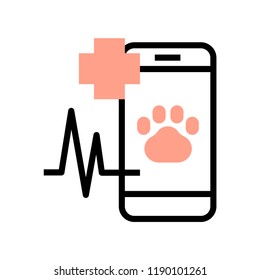 Paw icon on phone screen with wave signal and cross icon vector illustration in flat outline design