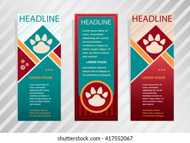Paw icon on vertical banner. Modern abstract flyer, banner, brochure design template.