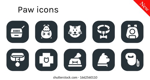 paw icon set. 10 filled paw icons.  Simple modern icons such as: Pet, Hamster, Cat, Collar, Veterinary, Dog, Leash dog