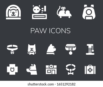 paw icon set. 14 filled paw icons.  Simple modern icons such as: Cat, Meow, Mouse toy, Pet, Veterinary, Collar, Dog, Scratcher