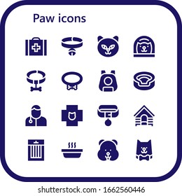 paw icon set. 16 filled paw icons. Included Veterinary, Collar, Cat, Pet, Animal, Veterinarian, Dog, Treats, Hamster icons