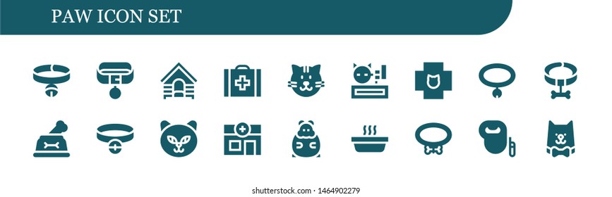 paw icon set. 18 filled paw icons.  Simple modern icons about  - Collar, Dog, Veterinary, Cat, Meow, Hamster, Leash dog