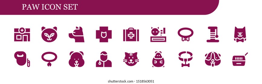 paw icon set. 18 filled paw icons.  Simple modern icons about  - Veterinary, Cat, Dog, Meow, Collar, Scratcher, Leash dog, Hamster, Veterinarian, Pet