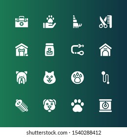 paw icon set. Collection of 16 filled paw icons included Cat, Pawprint, Dog, Dung, Leash, Animal, Kennel, Dog food, Dog house, Grooming, Hermit crab, Veterinarian