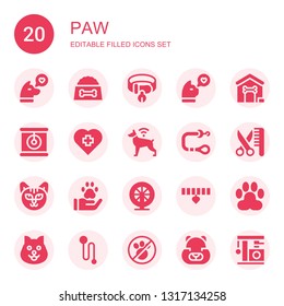 paw icon set. Collection of 20 filled paw icons included Dog, Dog food, Collar, Cat, Dog house, Veterinary, Leash, Grooming, Pawprint, Hamster, Paw, No pets
