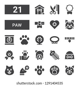 paw icon set. Collection of 21 filled paw icons included Cat, Animal, Veterinary, Dog, Dog food, Dung, Pawprint, Paw ribbon, Collar, Hamster, Leash, Grooming, Dog house