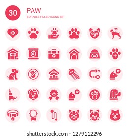 paw icon set. Collection of 30 filled paw icons included Veterinary, Pawprint, Paw, Cat, Dog house, Veterinarian, Kennel, Dog food, Pet, No pets, Dung, Leash, Hermit crab, Dog