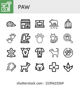 paw icon set. Collection of Scratching post, Hedgehog, Pet shop, Collar, Polar bear, Bird cage, Animal, Dog, Cat, Paw print, No pets, Veterinary, Claws icons