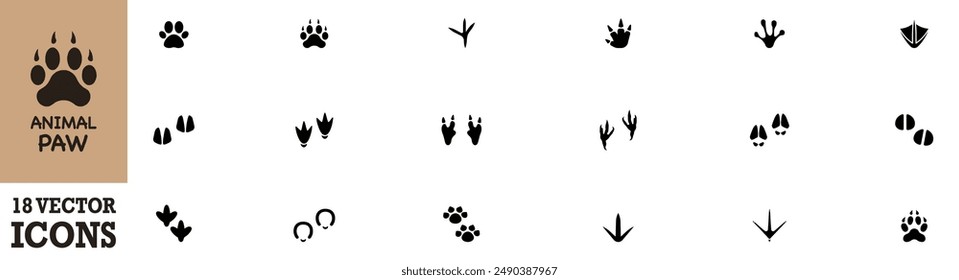 Paw icon set. Paw print set. Paw foot trail print of animal. Dog, cat, bear, puppy and other silhouette. Collection of paw prints. Vector Illustration. Vector Graphic. EPS 10