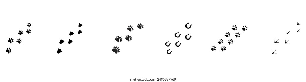 Paw icon set. Paw print set. Paw foot trail print of animal. Dog, cat, bear, puppy and other silhouette. Collection of paw prints. Vector Illustration. Vector Graphic. EPS 10