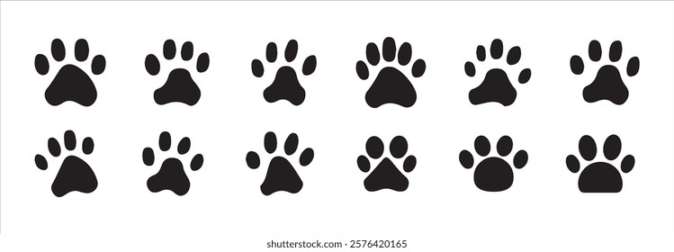 paw icon set vector. Animal footprint set of different style foot marks in black color.Silhouette of cat and dog paw print. Paw print sign and symbol.