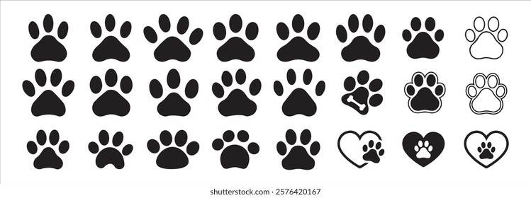 paw icon set vector. Animal footprint set of different style foot marks in black color.Silhouette of cat and dog paw print. Paw print sign and symbol.