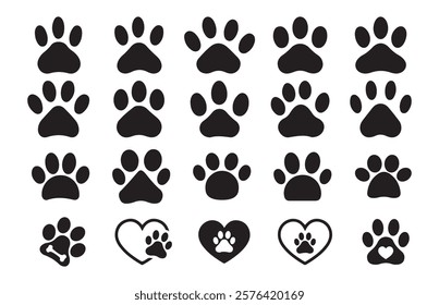 paw icon set vector. Animal footprint set of different style foot marks in black color.Silhouette of cat and dog paw print. Paw print sign and symbol.