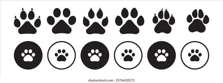 paw icon set vector. Animal footprint set of different style foot marks in black color.Silhouette of cat and dog paw print. Paw print sign and symbol.