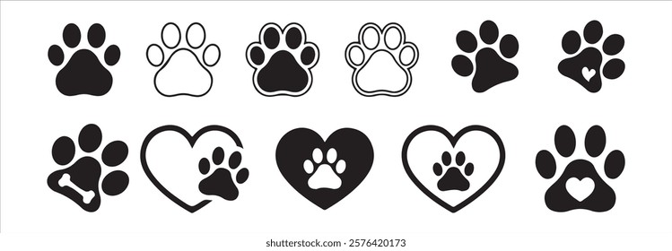 paw icon set vector. Animal footprint set of different style foot marks in black color.Silhouette of cat and dog paw print. Paw print sign and symbol.