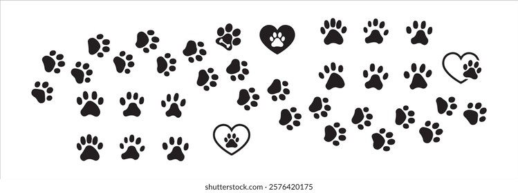 paw icon set vector. Animal footprint set of different style foot marks in black color.Silhouette of cat and dog paw print. Paw print sign and symbol.