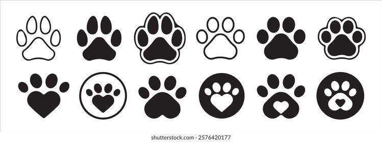 paw icon set vector. Animal footprint set of different style foot marks in black color.Silhouette of cat and dog paw print. Paw print sign and symbol.