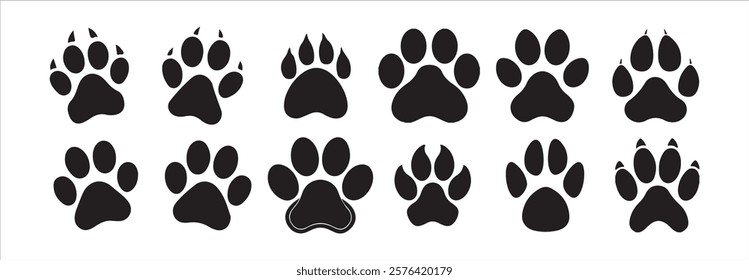 paw icon set vector. Animal footprint set of different style foot marks in black color.Silhouette of cat and dog paw print. Paw print sign and symbol.