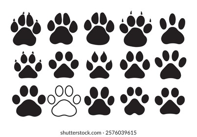 paw icon set vector. dog or cat paw. Animal footprint set of three different style foot marks in black color. Paw icon vector illustration.