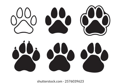paw icon set vector. dog or cat paw. Animal footprint set of three different style foot marks in black color. Paw icon vector illustration.
