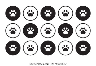 paw icon set vector. dog or cat paw. Animal footprint set of three different style foot marks in black color. Paw icon vector illustration.