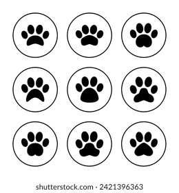 Vector de conjunto de iconos de la ruta. símbolo y signo de la huella de la pata. pezuña de perro o gato