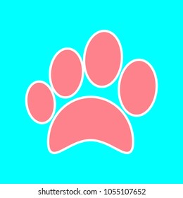 Paw icon. Veterinary or pet shop emblem. Vector. Magenta icon with white sticker contour at sky blue background. Isolated.