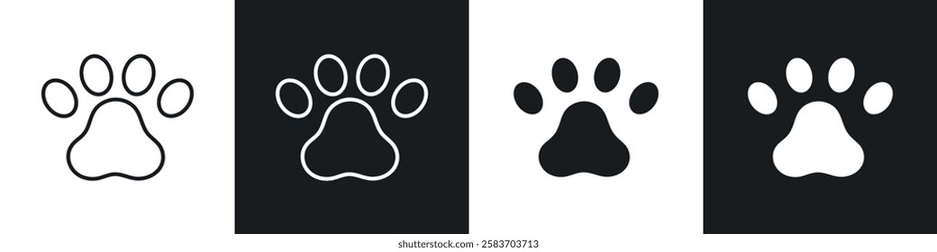 Paw icons collection in black and white filled and line versions