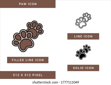 Paw icons set vector illustration with solid icon line style. Dog footprint symbol concept. Editable stroke icon on isolated white background for web design, user interface, and mobile application