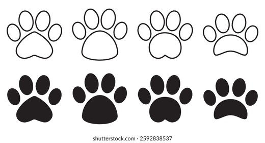 Paw icons vector for web and mobile app. Paw print sign and symbol. Dog or cat paw. Line and solid icons.