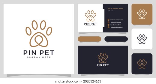 paw location or pet pin logo vector design and business card