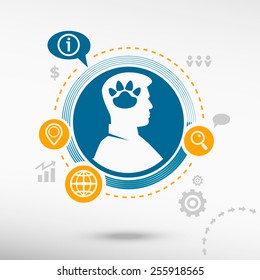 Paw and male avatar profile picture. Flat design vector illustration concept for reaching goals. 
