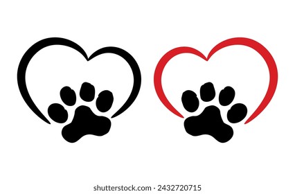 Paw mark footstep footprint sign.Pet cat dog paws.Red heart shape stencil love symbol.Puppy trail stamp icon.Black doggy kitty silhouette logo drawing illustration.T shirt print design.Sticker.Cut.DIY