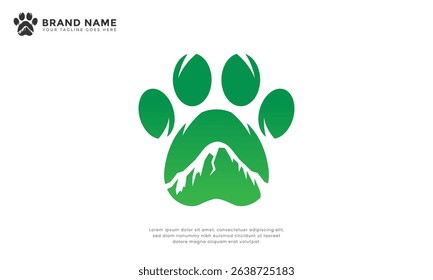 Paw mountain logo. Symbol for outdoor adventure, hiking, or wildlife exploration