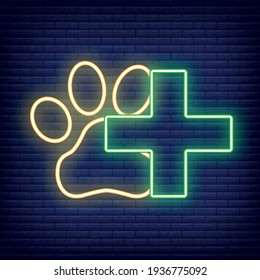 Paw Neon Icon. Concept for Healthcare Medicine and Pet Care. Outline and Black Domestic Animal. Pets Symbol, Icon and Badge. Simple Vector illustration on dark brickwork.