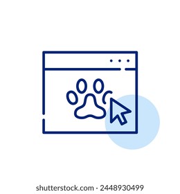 Pata en la página del navegador del Web y el Hacer clic del ratón. Cuidado de mascotas en línea, servicios de veterinaria virtual. Icono de trazo perfecto y editable