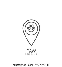 Paw Outline Vector Icon. Editable Stroke Pets Here Pinpoint Icon. Pet Shop Map Point Sign