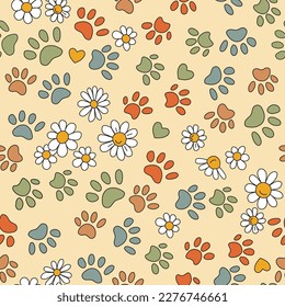 Paw pattern in groovy style with daisy. Vector seamless background