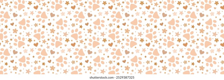 Paw pattern pet banner, seamless repeating cover background print, wide horizontal design