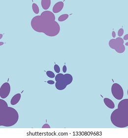 Paw pattern, seamless vector pattern silhouettes of paw, cat's feet, dog's footprint. Purple on blue background