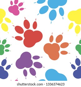 Paw pattern, seamless vector pattern silhouettes of paw, cat's feet, dog's footprint. Multicolor on a transparent background background. Bright seamless vector pattern without background.