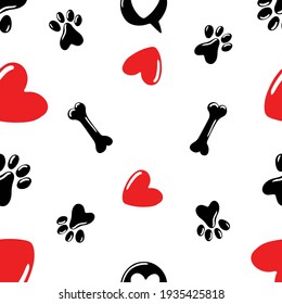 Paw pattern, seamless vector pattern silhouettes of paw, cat's feet, dog's footprint on white
background