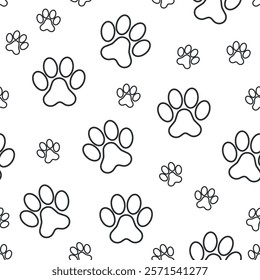 Paw Pet Footprint Pattern - Black Contour of Pet Footprint on White Background. Seamless Link.