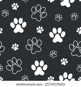 Paw Pet Footprint Pattern - Black and White Pattern of Pet Paws. Seamless Link.