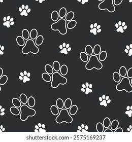 Paw Pet Footprint Pattern - Black and White Pet Footprint on Black Background. Seamless Link.