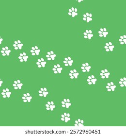 Paw Pet Footprint Pattern - White Dog or Cat Footsteps with Side Connection on Green Background.