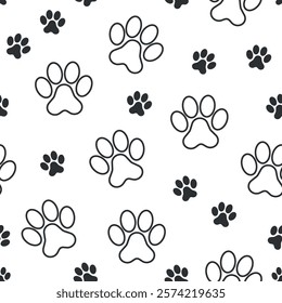 Paw Pet Footprint Pattern - White and Black Pet Footprint on White Background. Seamless Link.