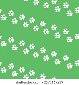 Paw Pet Footprint Pattern - White Diagonal Dog or Cat Footsteps with Side Connection on Green Background.