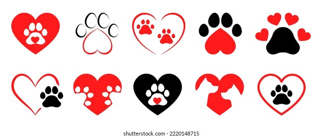 Mascota de pata con forma de corazón rojo y negro. Amor por el perro o el gato.  Huella animal de mascota en el corazón. Cuidado con las mascotas. 