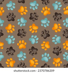 Paw pet vector seamless pattern, dog or cat footprint texture, foot track wallpaper. Cute colorful background with animals footprints, seamless pattern vector, footprint color background repeat.